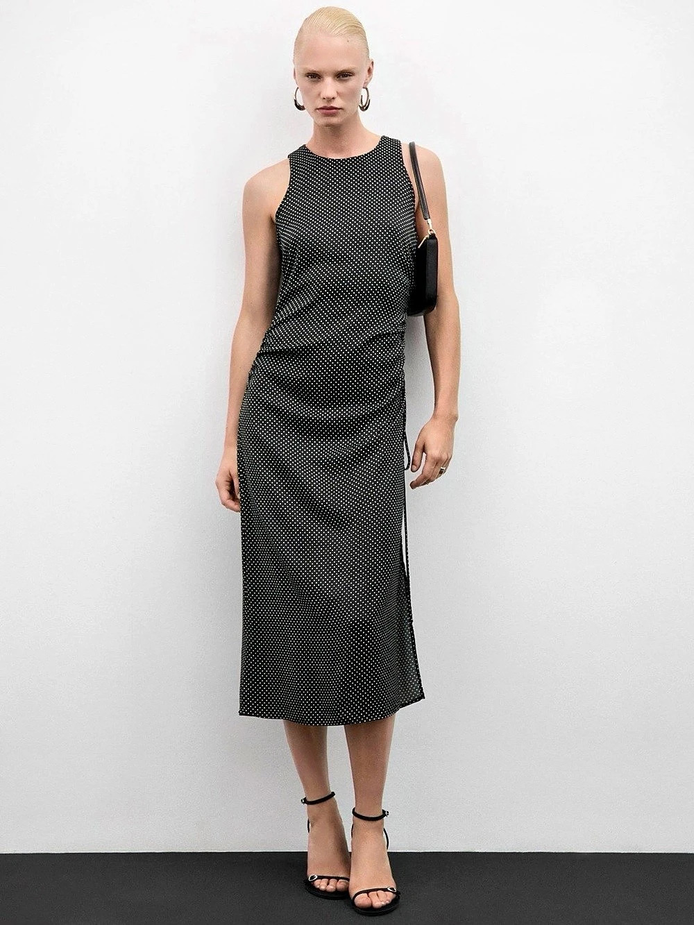 Mango Polka-Dot Ruched Dress Midi in Black & White